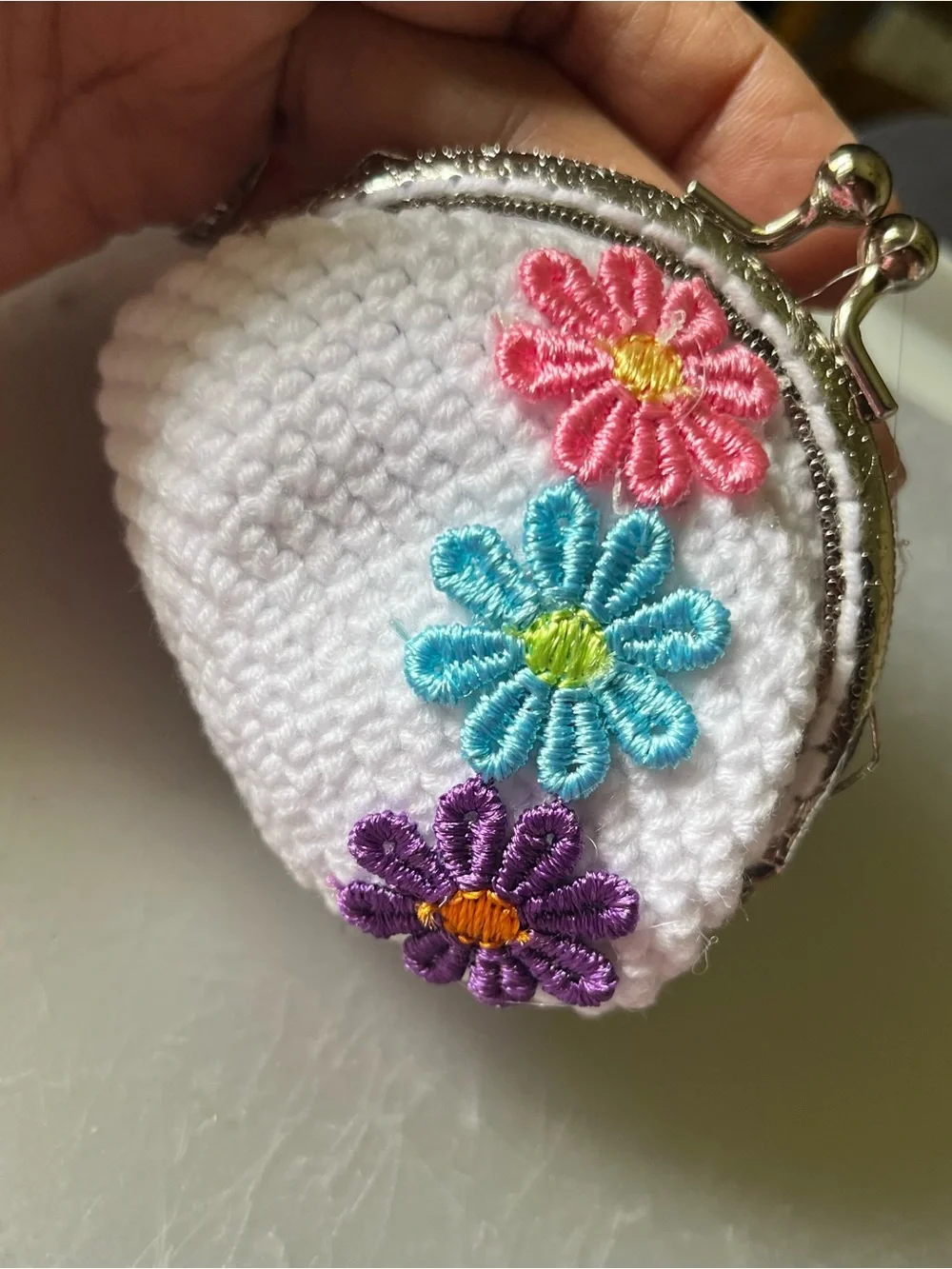 White Crochet Coin Purse with Pink, Blue & Purple Flower Appliqués New 3”x3.5”